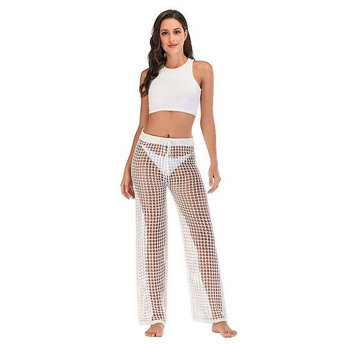 Pantalon Vide Tricoté Au Crochet À La Main, Pantalon De Plage Sexy Pour Femmes, Blanc S