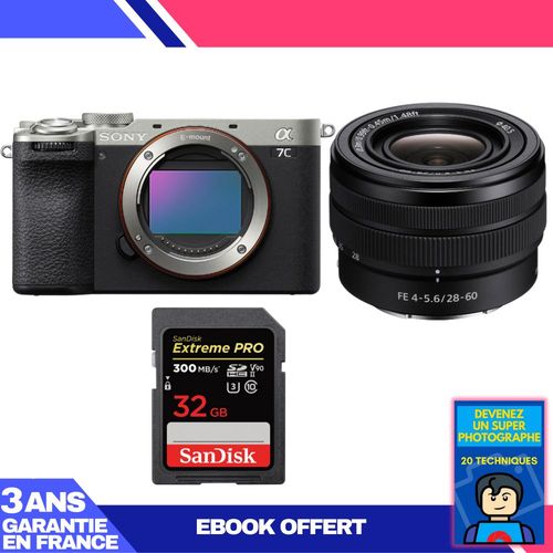 Boitier Sony A7C II Silver + FE 28-60mm f/4-5.6 + 1 SanDisk 32GB Extreme PRO UHS-II SDXC 300 MB/s + Ebook 'Devenez Un Super Photographe'