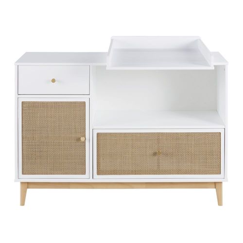 Commode Compatible Plan À Langer 1 Porte 2 Tiroirs Blanche Et Cannage En Rotin
