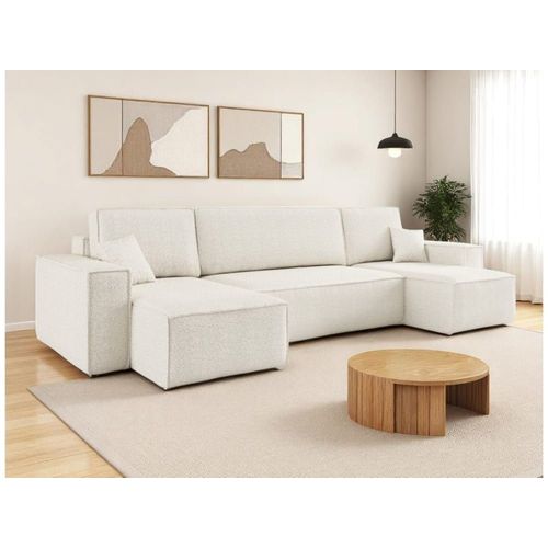 Canapé D'angle Panoramique Convertible 6 Places Tissu Bouclette Blanc