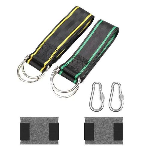 Sangles de balançoire extérieure, une sangle rayée verte et jaune de 1,5 m (avec deux boucles à écrou de 8 mm) et deux protège-arbres