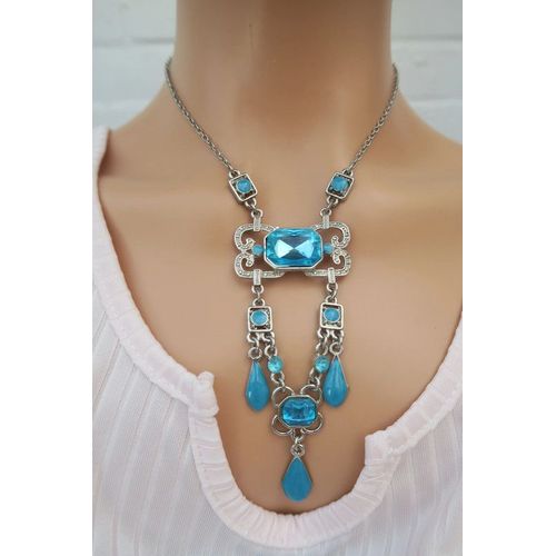 Collier Pierres Bleus Et Acier Inoxydable Style Années 30