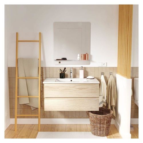 Meuble Simple Vasque 80cm Décor Chêne + Vasque+Robinet Chromé+Miroir