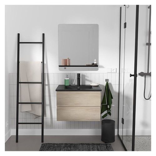 Meuble Simple Vasque 60cm Chêne+Vasque Noire+Robinet+Miroir Rectangle
