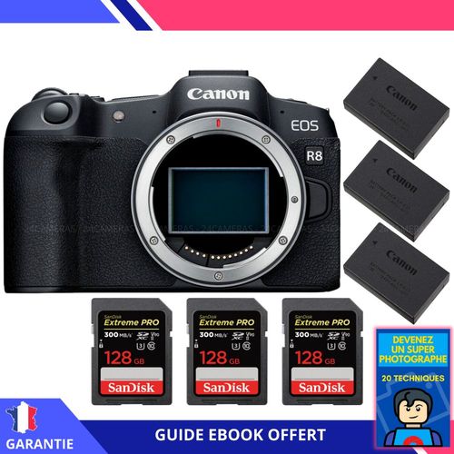 Canon EOS R8 + 3 SanDisk 128GB Extreme PRO UHS-II SDXC 300 MB/s + 3 Canon LP-E17 + Ebook ""Devenez Un Super Photographe"" - Appareil Photo Canon