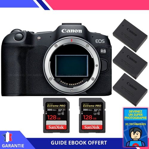 Canon EOS R8 + 2 SanDisk 128GB Extreme PRO UHS-II SDXC 300 MB/s + 3 Canon LP-E17 + Ebook ""Devenez Un Super Photographe"" - Appareil Photo Canon