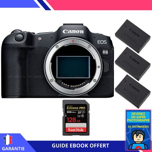 Canon EOS R8 + 1 SanDisk 128GB Extreme PRO UHS-II SDXC 300 MB/s + 3 Canon LP-E17 + Ebook ""Devenez Un Super Photographe"" - Appareil Photo Canon