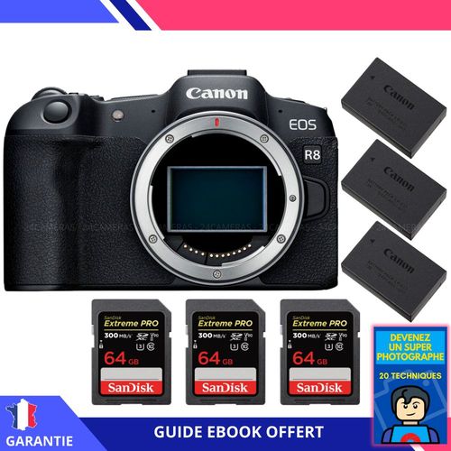 Canon EOS R8 + 3 SanDisk 64GB Extreme PRO UHS-II SDXC 300 MB/s + 3 Canon LP-E17 + Ebook ""Devenez Un Super Photographe"" - Appareil Photo Canon