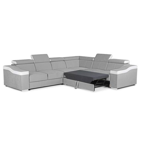 Canapé D'angle Convertible 6 Places En Velours Gris Clair, Blanc