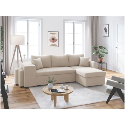 Canapé Convertible Avec 2 Poufs Gauche En Velours Côtelé - Beige