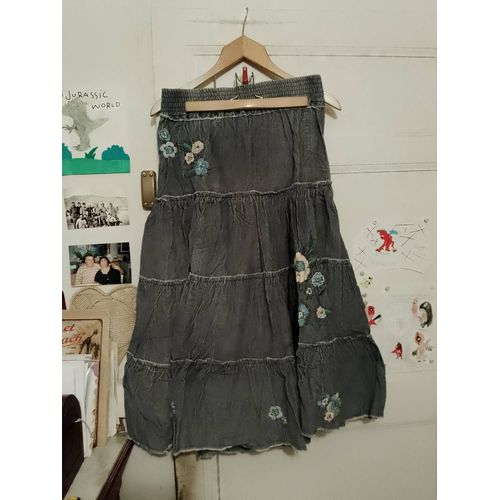 Jupe Longue En Velours Grise Motifs Cousus Colorés 36 S Psssy Folk.