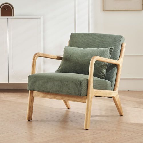 Fauteuil En Bois Et Velours Côtelé Vert