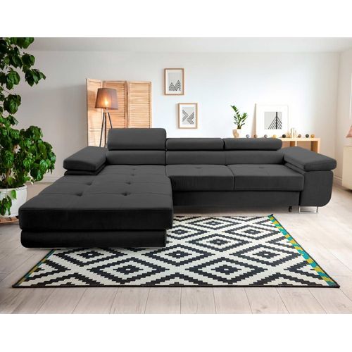 Canapé D'angle Gauche Convertible 6 Places En Velours Gris Foncé