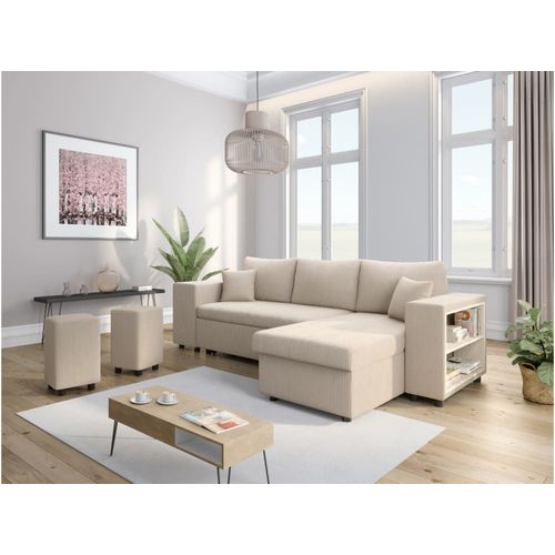 Canapé Convertible 2 Poufs Gauche Et Étagère En Velours Côtelé - Beige