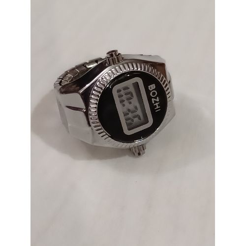 Bague Montre Digitale,Metal Argenté , Cadrant Rond,Fond Noir