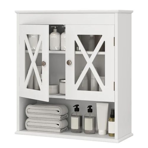 Costway Armoire De Salle De Bain Murale Avec 2 Portes En Acrylique, Étagère Ajustable Et Compartiment Ouvert, 20x54x60cm, Blanc