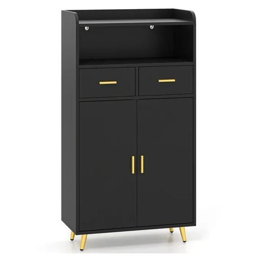 Costway Meuble Salle De Bain Avec 2 Tiroirs, 2 Portes, Compartiment Ouvert, Étagère Réglable, Pieds En Métal, 30x60x100cm Noir