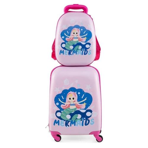 COSTWAY Valise Enfant à Roulettes 16¿¿ + Sac à dos 12¿¿, Bagage Enfants avec Motif Sirène, pour Voyages en Avion, Rose