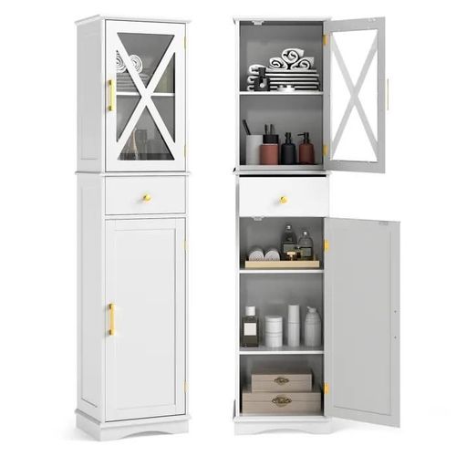 Costway Meuble Colonne De Salle De Bain Avec 2 Portes Et 1 Tiroir, 3 Étagères Réglables, Placard À Porte,30 X 40 X 168 Cm Blanc