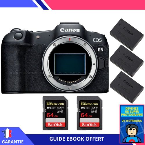 Canon EOS R8 + 2 SanDisk 64GB Extreme PRO UHS-II SDXC 300 MB/s + 3 Canon LP-E17 + Ebook ""Devenez Un Super Photographe"" - Appareil Photo Canon