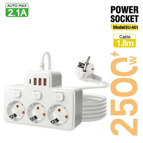 Multiprise murale à prise ca ue,interrupteur indépendant,prise multitap,filtre réseau avec adaptateur de filtre réseau de chargement USB - Type 1.8m White-Ue Plug #B