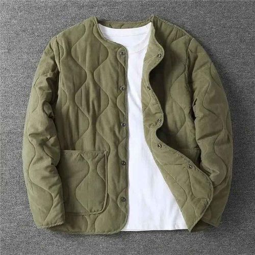 Veste Matelassurera À Col Rond Pour Homme,Manteau Épaissi Rétro,Veste Surdimensionnée Boutonnée,Vêtements Techniques Polyvalents,Vert,Automne,Hiver,2023