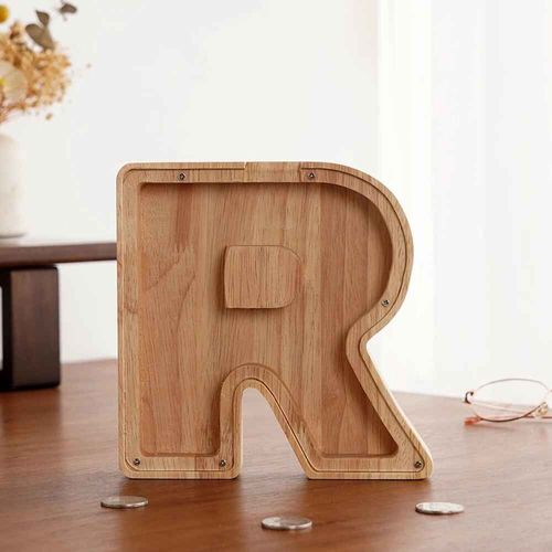 Tirelire anglaise 26 lettres,boîte d'économie d'argent en bois,pot de pièces de monnaie,boîte de rangement,décoration de maison,ornement de bureau,artisanat,cadeau de noël - Type R