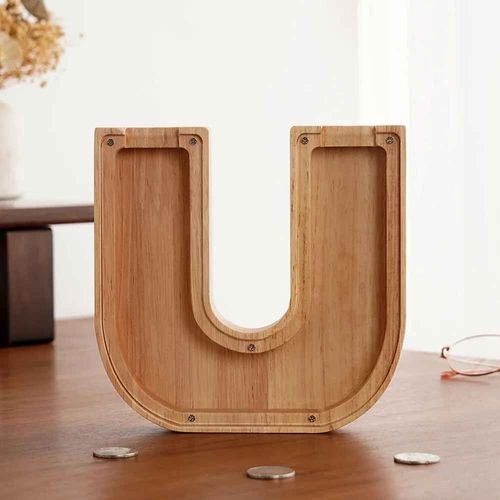 Tirelire en bois à vingt et six lettres,boîte d'économie d'argent,pot de rangement de pièces de monnaie,ornement de bureau,décoration de maison,artisanat,cadeau de noël - Type U