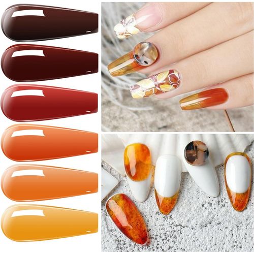 Vernis Gel Semi-Permanent Ambre Vernis À Ongles Gel Collection, Jelly Crystal Translucide Effet Écaille De Tortue Rouge Corail Brûlé Orange Ambre 6 Couleurs Soak Off Uv Led Nail Art Kit 8ml 