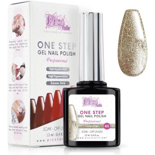 Vernis Semi Permanent Uv/Led One Step 12 Ml - Paillettes Dorées - Effet Ongles Foncés Mais Très Brillants Avec Ou Sans Base Et Top Coat 