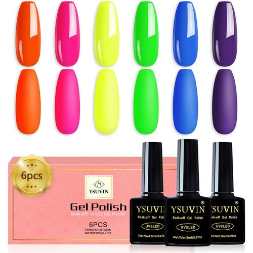 Vernis Semi Permanent, 6 Couleurs Néon Semi Permanent, Rose Vert Jaune Orange Marine Blu Violet Printemps D'été Vernis À Ongles Soak Off Uv/Led Vernis Gel Nail Art, Cadeaux Beauté 