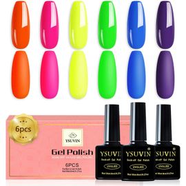 Vernis Semi Permanent, 6 Couleurs Néon Semi Permanent, Rose Vert Jaune Orange Marine Blu Violet Printemps D'été Vernis À Ongles Soak Off Uv/Led Vernis Gel Nail Art, Cadeaux Beauté 