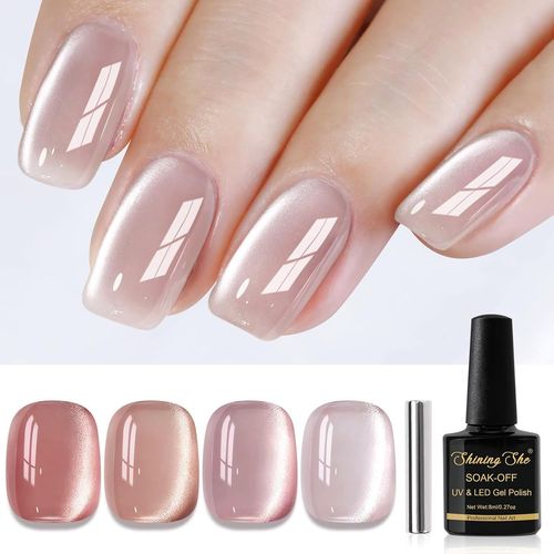 Vernis Semi Permanent Magnétique, 4 Couleurs Rose Nude Corail Pailleté Cat Eye Vernis Semi-Permanent Avec Bâton Magnétique Soak Off Uv/Led Vernis À Ongles Pour Salon Diy Home, 8ml 