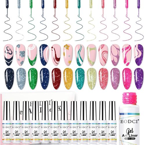 12pcs Vernis Semi Permanent, Paillettes Réfléchissantes Rouge Rose Jaune Vert Liner Gel Nail Art Pailleté Vernis À Ongles Soak Off Uv Pour La Peinture Au Trait Nail Art Design Vernis Liner 