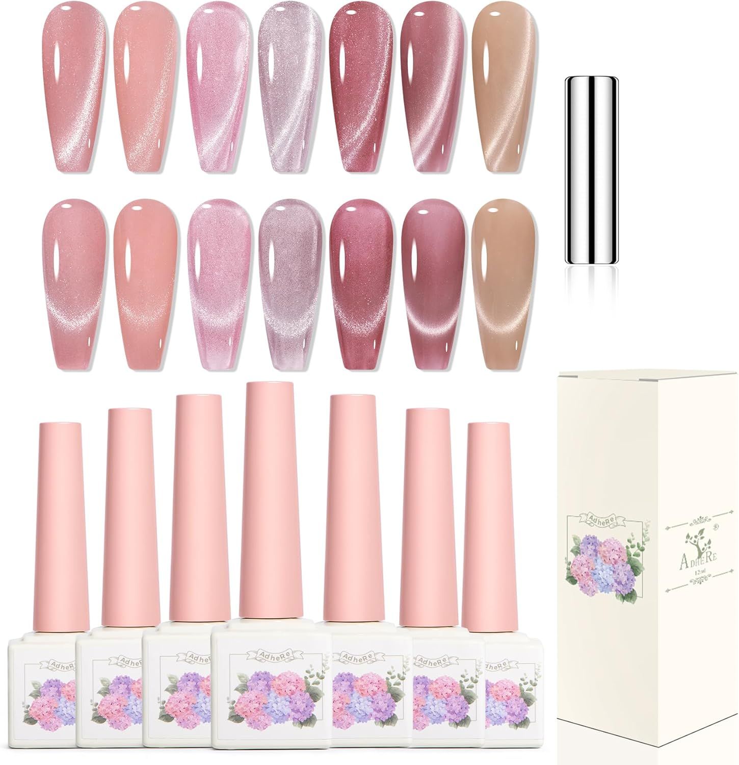 Adhere 7pcs 12ml Cat Eye Trempé Uv Led Gel Vernis À Ongles Set, Réfléchissant Brillant Oeil De Chat, Brillant Diamant Magnétique Transparent Rose Avec Aimant 