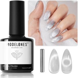 Vernis Semi Permanent Pailleté Argenté, 15 Ml Vernis Gel Uv Semi Permanent Cat Eyes Pailleté Argenté, Soak Off Uv/Led Vernis À Ongles Gel Pour Manucure Francaise, Gel Nail Polish Nail Art 