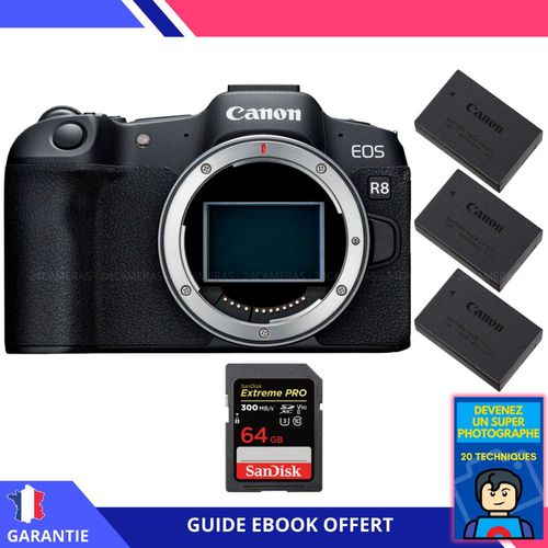 Canon EOS R8 + 1 SanDisk 64GB Extreme PRO UHS-II SDXC 300 MB/s + 3 Canon LP-E17 + Ebook ""Devenez Un Super Photographe"" - Appareil Photo Canon