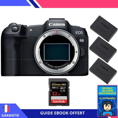 Canon EOS R8 + 1 SanDisk 32GB Extreme PRO UHS-II SDXC 300 MB/s + 3 Canon LP-E17 + Ebook ""Devenez Un Super Photographe"" - Appareil Photo Canon