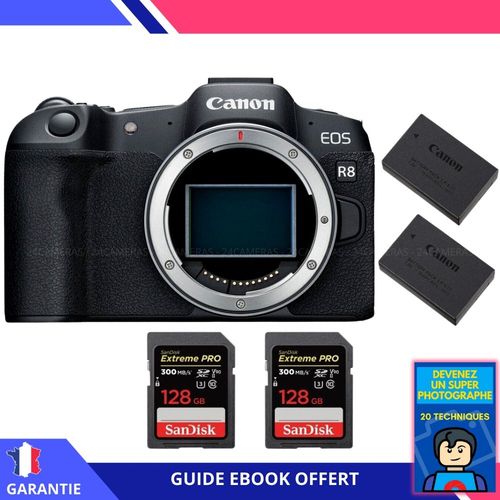 Canon EOS R8 + 2 SanDisk 128GB Extreme PRO UHS-II SDXC 300 MB/s + 2 Canon LP-E17 + Ebook ""Devenez Un Super Photographe"" - Appareil Photo Canon