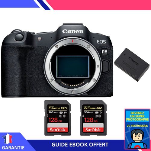 Canon EOS R8 + 2 SanDisk 128GB Extreme PRO UHS-II SDXC 300 MB/s + 1 Canon LP-E17 + Ebook ""Devenez Un Super Photographe"" - Appareil Photo Canon