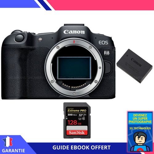 Canon EOS R8 + 1 SanDisk 128GB Extreme PRO UHS-II SDXC 300 MB/s + 1 Canon LP-E17 + Ebook ""Devenez Un Super Photographe"" - Appareil Photo Canon