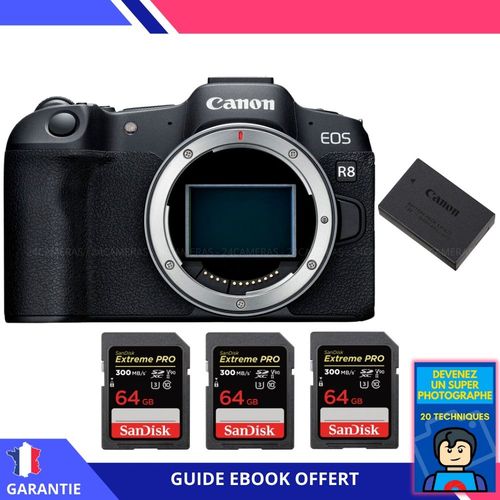 Canon EOS R8 + 3 SanDisk 64GB Extreme PRO UHS-II SDXC 300 MB/s + 1 Canon LP-E17 + Ebook ""Devenez Un Super Photographe"" - Appareil Photo Canon