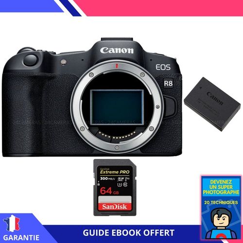 Canon EOS R8 + 1 SanDisk 64GB Extreme PRO UHS-II SDXC 300 MB/s + 1 Canon LP-E17 + Ebook ""Devenez Un Super Photographe"" - Appareil Photo Canon