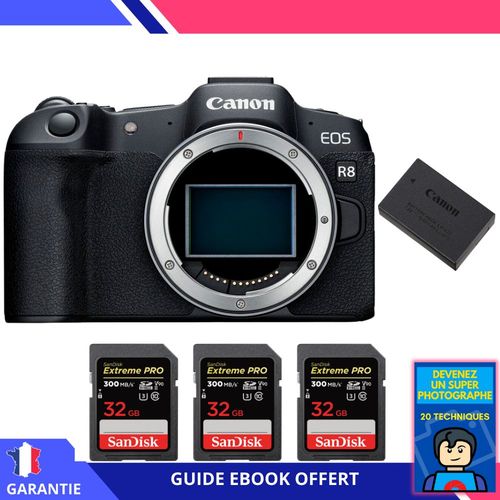 Canon EOS R8 + 3 SanDisk 32GB Extreme PRO UHS-II SDXC 300 MB/s + 1 Canon LP-E17 + Ebook ""Devenez Un Super Photographe"" - Appareil Photo Canon