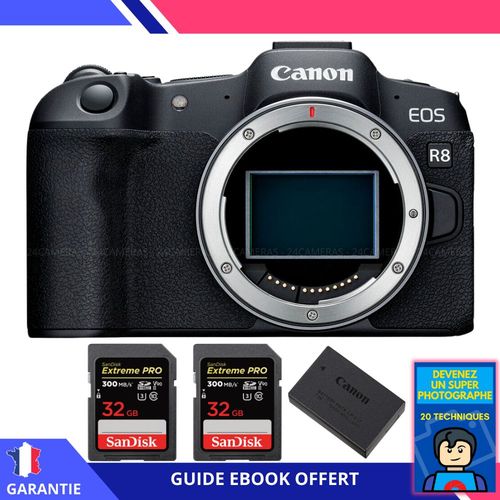 Canon EOS R8 + 2 SanDisk 32GB Extreme PRO UHS-II SDXC 300 MB/s + 1 Canon LP-E17 + Ebook ""Devenez Un Super Photographe"" - Appareil Photo Canon