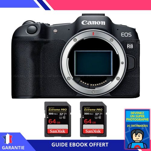 Canon EOS R8 + 2 SanDisk 64GB Extreme PRO UHS-II SDXC 300 MB/s + Ebook ""Devenez Un Super Photographe"" - Appareil Photo Canon