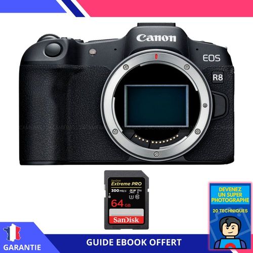 Canon EOS R8 + 1 SanDisk 64GB Extreme PRO UHS-II SDXC 300 MB/s + Ebook ""Devenez Un Super Photographe"" - Appareil Photo Canon