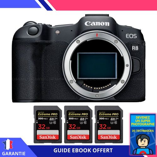 Canon EOS R8 + 3 SanDisk 32GB Extreme PRO UHS-II SDXC 300 MB/s + Ebook ""Devenez Un Super Photographe"" - Appareil Photo Canon