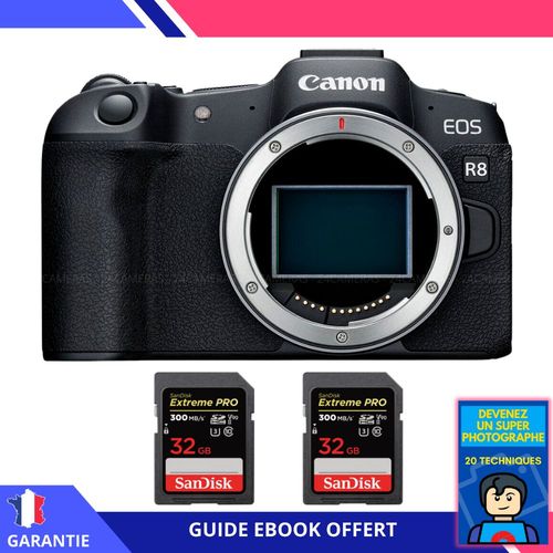 Canon EOS R8 + 2 SanDisk 32GB Extreme PRO UHS-II SDXC 300 MB/s + Ebook ""Devenez Un Super Photographe"" - Appareil Photo Canon