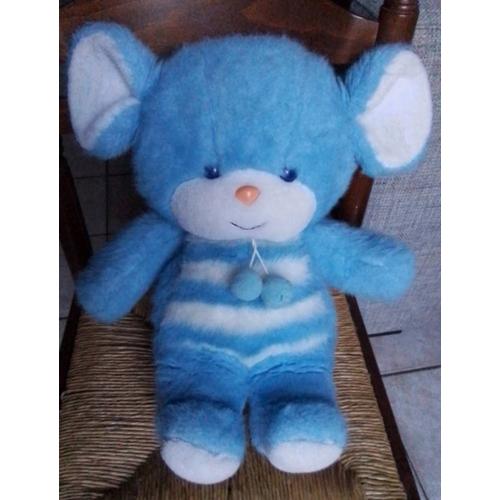 Peluche Vintage Souris Bleue Blanche Avec Pompon